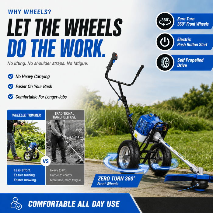 Hyundai 52cc Petrol Wheeled Grass Trimmer - 43cm Cutting Width Large Wheels