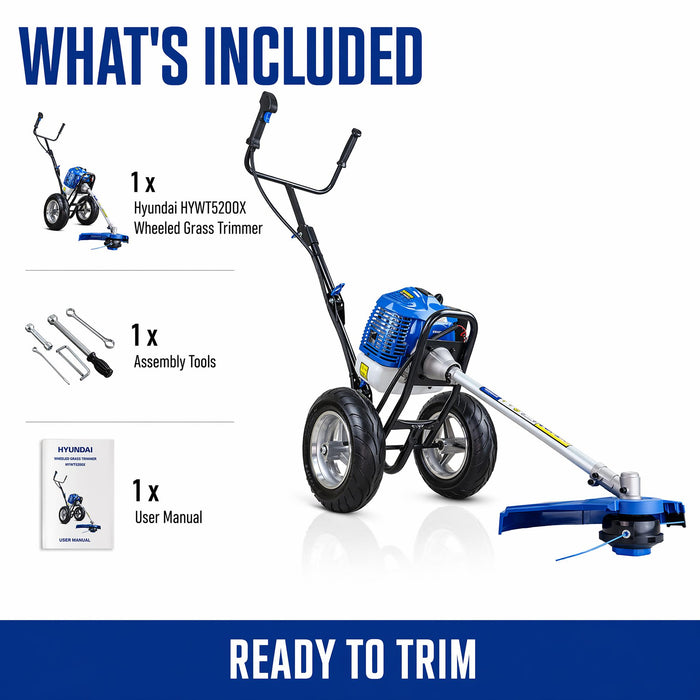 Hyundai 52cc Petrol Wheeled Grass Trimmer - 43cm Cutting Width Large Wheels
