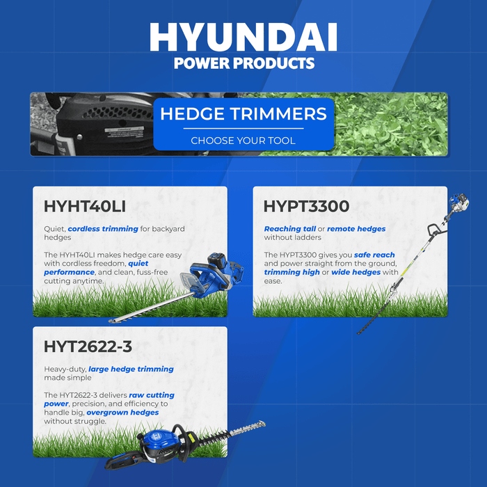 Hyundai 25.4cc Petrol Hedge Trimmer – Double Reciprocating Blade, Rotatable Handle, Easy Start (HYT2622-3)