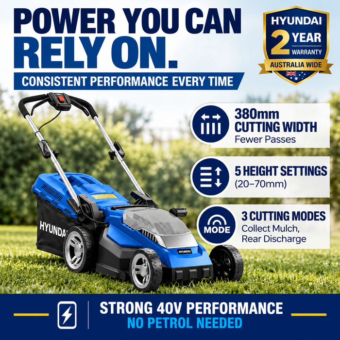 Hyundai 15" 40V Battery Lawn Mower – 5 Height Settings, Cordless, 30L Collector, Plastic Deck - Skin Only