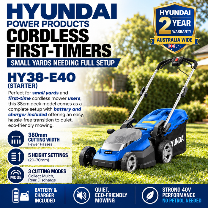 Hyundai 15" 40V Battery Lawn Mower – 5 Height Settings, Cordless, 30L Collector, Plastic Deck - Skin Only