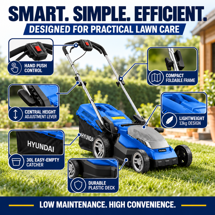 Hyundai 15" 40V Battery Lawn Mower – 5 Height Settings, Cordless, 30L Collector, Plastic Deck - Skin Only