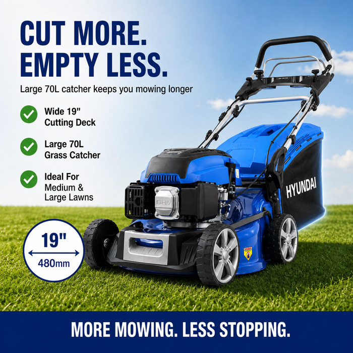 Hyundai 19” Petrol Roller Lawn Mower – Self-Propelled, 48cm Roller, 139cc Power, Striping Finish