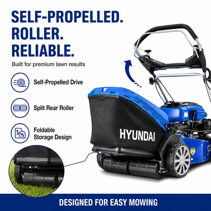 Hyundai 19” Petrol Roller Lawn Mower – Self-Propelled, 48cm Roller, 139cc Power, Striping Finish