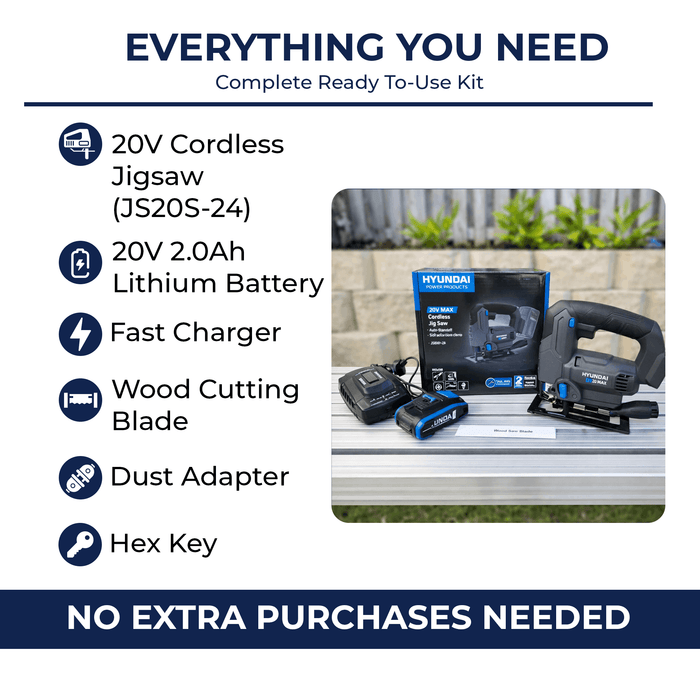 Hyundai 20V Cordless Jigsaw Kit – Battery & Fast Charger Included, 2500 SPM Power Saw, Cuts Wood Plastic & Steel, DIY Renovation Cutting Tool (JS20S-24/ B120-2/C202)