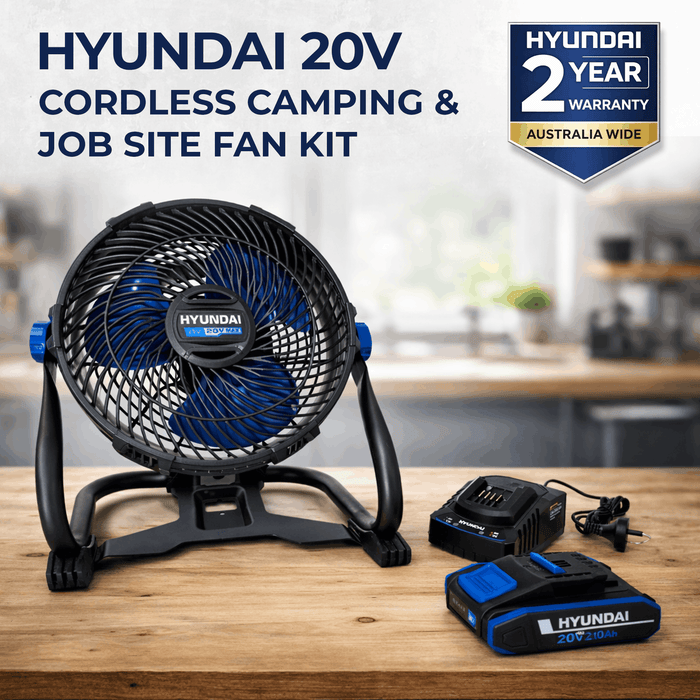 Hyundai 20V Cordless Camping & Job Site FAN KIT– 360° Adjustable Airflow, Dual Speed Cooling for Camping, Workshop & Garage