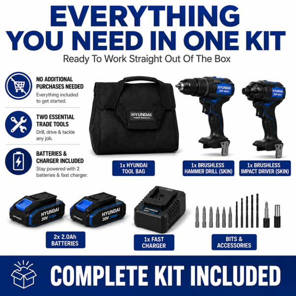 Hyundai 20V Brushless Trade Combo Kit - Brushless Drill & Impact Driver + 2 x 2Ah Batteries and Charger - Premium Trade Starter Kit