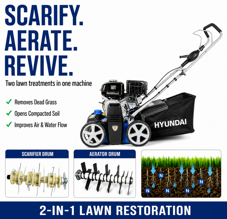 Hyundai Petrol Lawn Scarifier & Aerator 2-in-1,  212cc Engine, 400mm Width, 45L Catcher