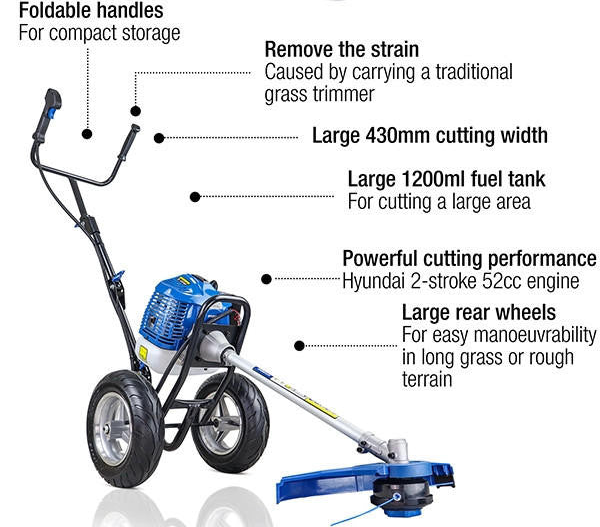 Hyundai 52cc Petrol Wheeled Grass Trimmer 43cm Cutting Width Large Wheels | HYWT5200X