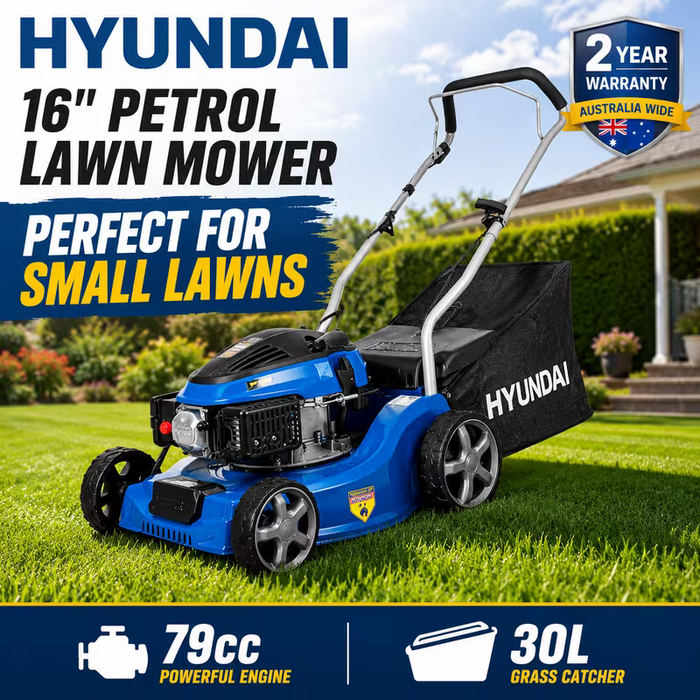 Hyundai 16" Petrol Lawn Mower – 79cc Push Mower with 6 Cutting Heights, 30L Catcher & Easy Start