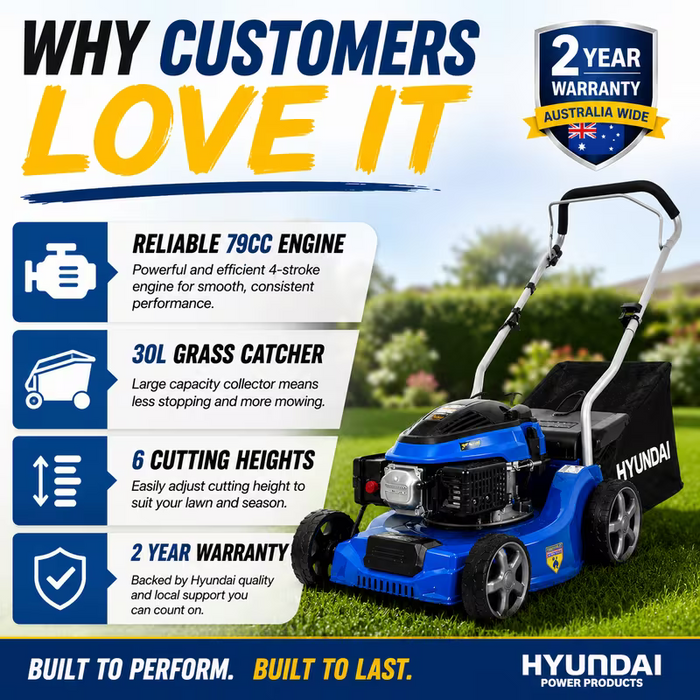 Hyundai 16" Petrol Lawn Mower – 79cc Push Mower with 6 Cutting Heights, 30L Catcher & Easy Start