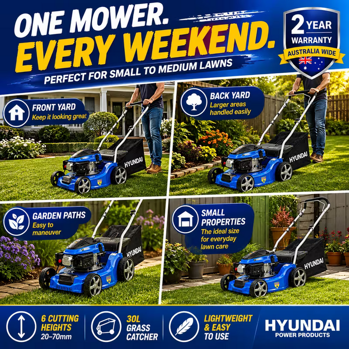 Hyundai 16" Petrol Lawn Mower – 79cc Push Mower with 6 Cutting Heights, 30L Catcher & Easy Start