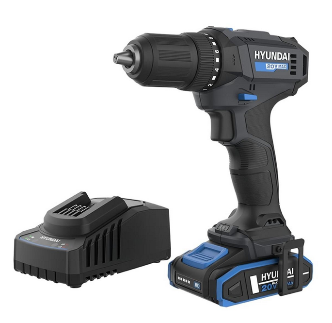 Hyundai 20V 40Nm Cordless Drill Driver, 2Ah Battery and Charger, 2-Speed, LED Light, 13 mm Chuck