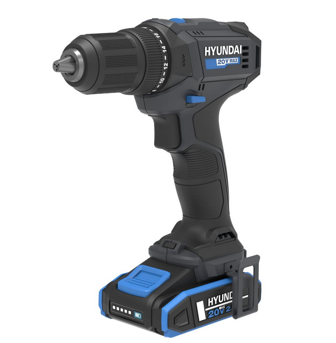 Hyundai 20V 40Nm Cordless Drill Driver, 2Ah Battery and Charger, 2-Speed, LED Light, 13 mm Chuck