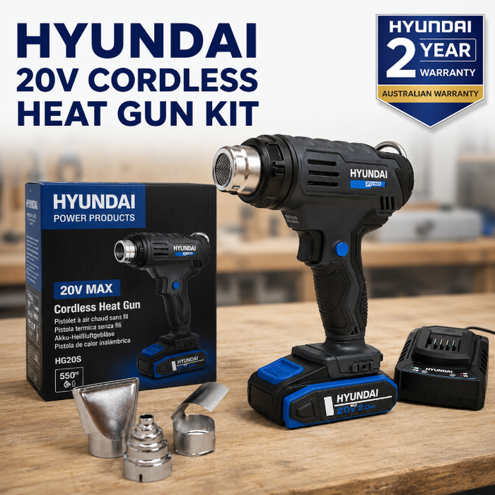 Hyundai 20V Cordless Heat Gun Kit – 2 Temp Settings (350°C/550°C), Auto Cooldown, Lock-On Switch + 20V 2Ah Lithium-Ion Battery & Charger Kit