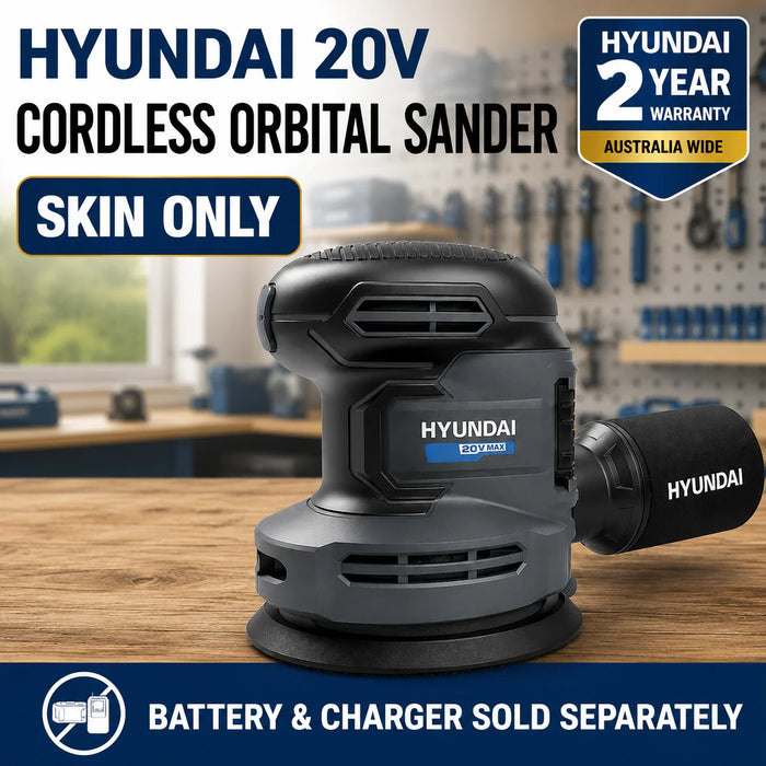 Hyundai 20V Cordless Orbital Sander – 5” Pad, Dust Collection, Variable Speed Control – Skin Only