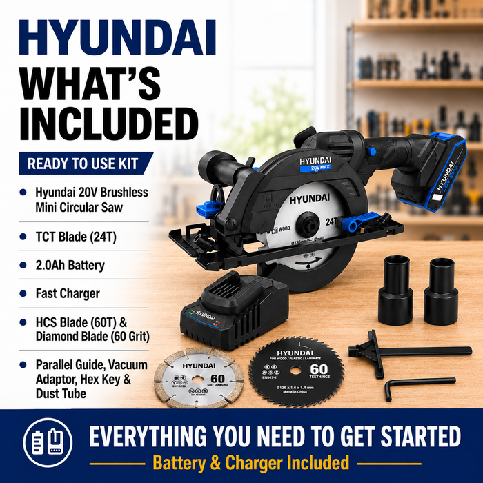 Hyundai 20V Brushless Mini Circular Saw Kit – 120mm Blade, 41mm Cut Depth + 20V 2Ah Lithium-Ion Battery & Charger Kit