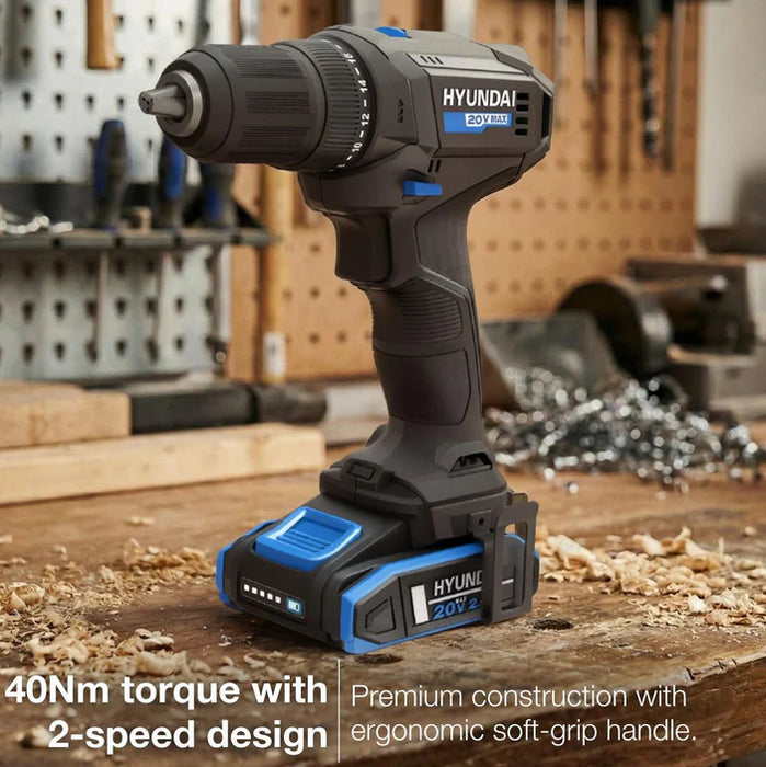 Hyundai 20V 40Nm Cordless Driver Drill, 2Ah Battery and Charger Kit, 2-Speed, LED Light, 13 mm Chuck