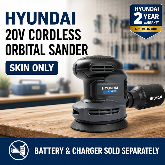 Hyundai 20V Cordless Orbital Sander – 5” Pad, Dust Collection, Variable Speed Control – Skin Only