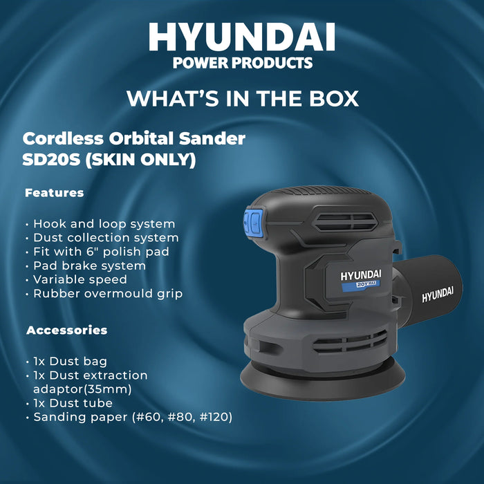 Hyundai 20V Cordless Orbital Sander – 5” Pad, Dust Collection, Variable Speed Control – Skin Only