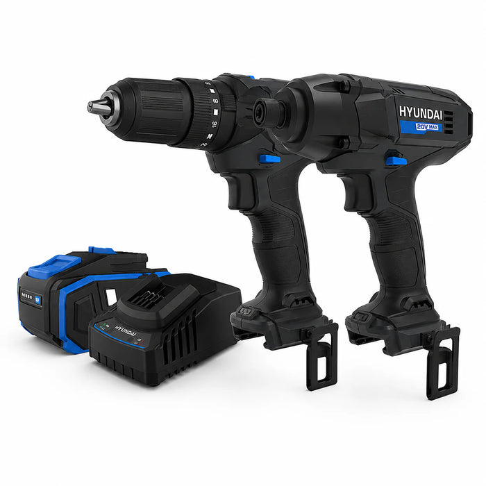 Hyundai 20V DIY & Fastening Combo Kit - Hammer Drill & Impact Driver + 4Amp Battery and Charger - Home Improvement Combo Kit