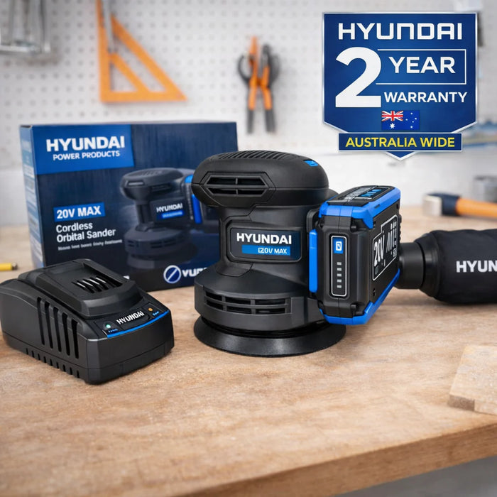 Hyundai 20V Cordless Orbital Sander Kit – 125mm Variable Speed + 2.0Ah Battery & Fast Charger - Wood Sanding, Paint Prep & DIY Renovation