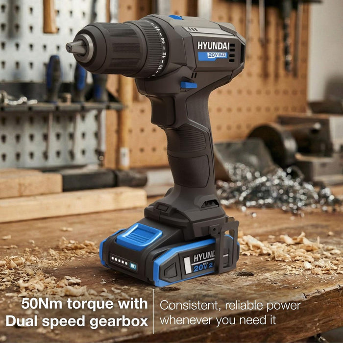 Hyundai 20V Cordless Hammer Drill 50Nm – Complete 75-Piece DIY Tool Kit with Battery, Charger & Case | Hammer Drill Driver Australia