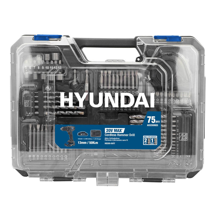 Hyundai 20V Cordless Hammer Drill 50Nm – Complete 75-Piece DIY Tool Kit with Battery, Charger & Case | Hammer Drill Driver Australia