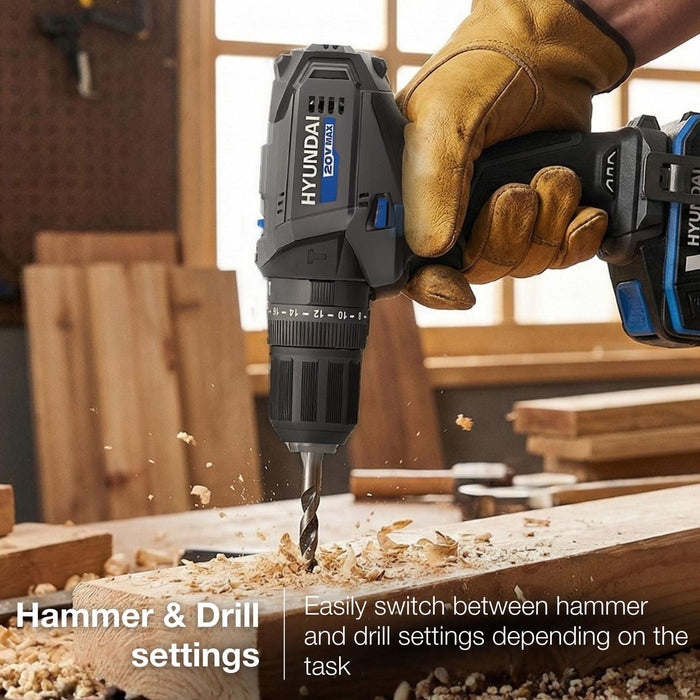 Hyundai 20V Cordless Hammer Drill 50Nm – Complete 75-Piece DIY Tool Kit with Battery, Charger & Case | Hammer Drill Driver Australia