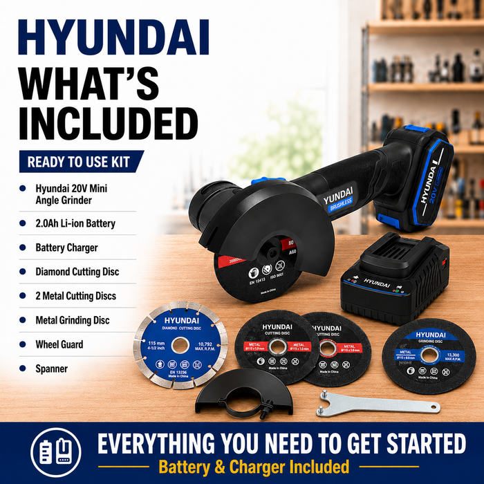 Hyundai 20V Cordless Angle Grinder Kit – Cut Metal, Tile & Bolts Anywhere | Includes 2.0Ah Battery + Charger