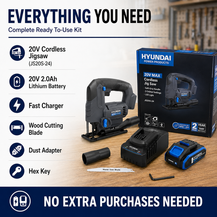 Hyundai 20V Cordless Jig Saw Kit – Battery & Fast Charger Included, 2500 SPM Power Saw, Cuts Wood Plastic & Steel, DIY Renovation Cutting Tool