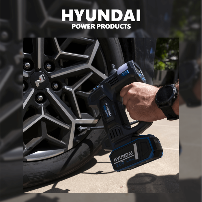 Hyundai Power Tools 4 Piece Kit - Tyre Inflator, Blower, Fan & LED Work Light + 4Amp Battery and Charger