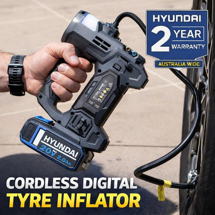 Hyundai 20V Cordless Tyre Inflator Kit – 150 PSI Portable Air Compressor + 2.0Ah Battery & Fast Charger | Car, Bike, 4WD, Camping & Emergency Tyre Pump (IF20S / B120-2 / C202-2)