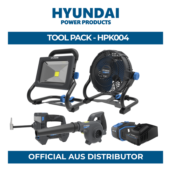 Hyundai Power Tools 4 Piece Kit - Tyre Inflator, Blower, Fan & LED Work Light + 4Amp Battery and Charger