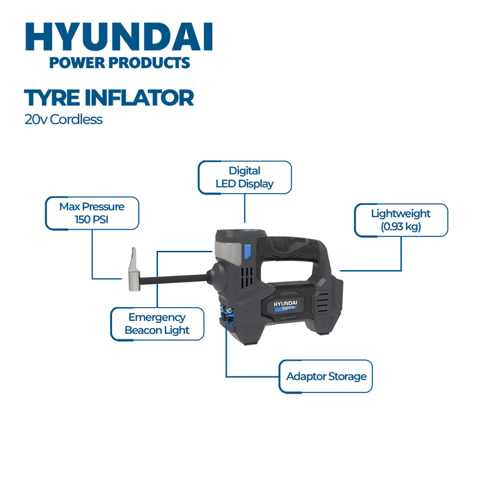 Hyundai Power Tools 4 Piece Kit - Tyre Inflator, Blower, Fan & LED Work Light + 4Amp Battery and Charger
