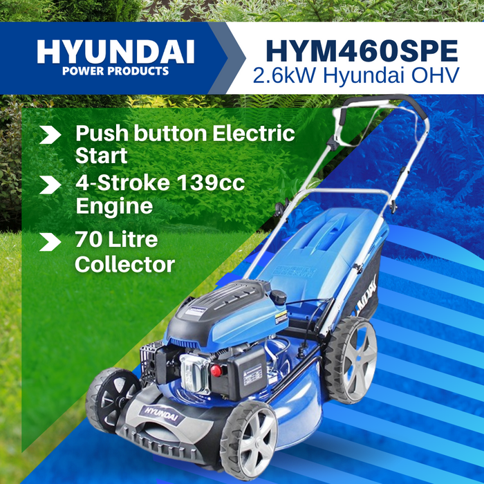 Hyundai 18" Petrol Lawn Mower Self Prop Elect Start 139cc HYM460SPE
