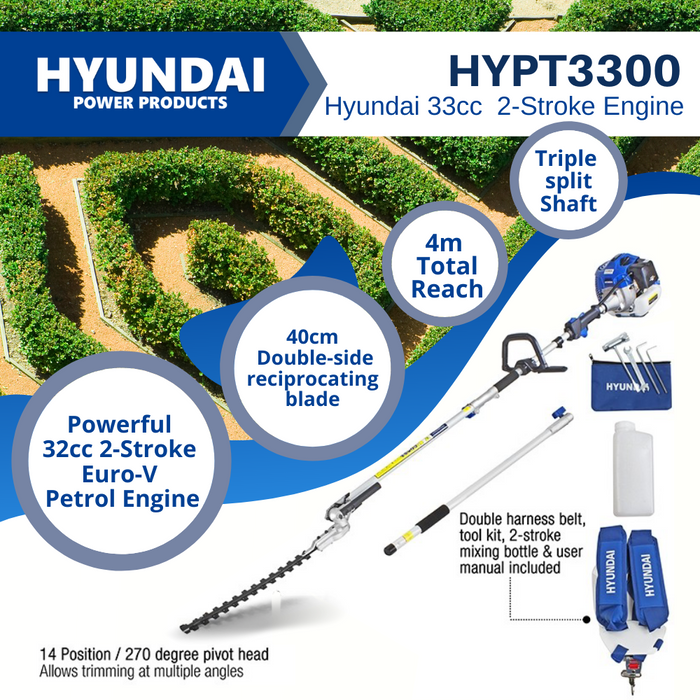 Hyundai Petrol Pole Hedge Trimmer 33cc | HYPT3300